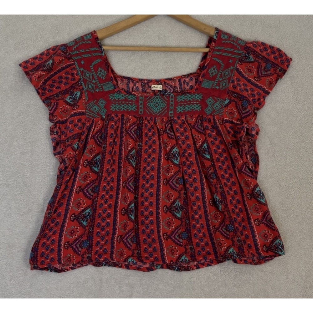 Hollister Women's S Boho Embroidered Peasant Blouse Red Teal Flutter Sleeve